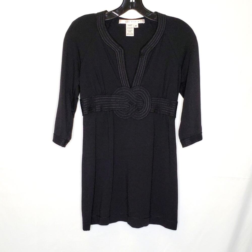 𖦹 Max Studio Black Knit Tunic Mini Dress Embroidered Waist XS ~ Office Casual